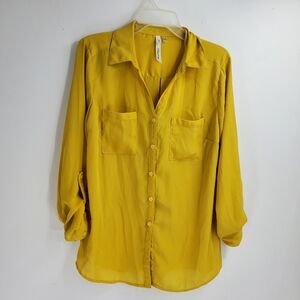 NY COLLECTION womens M mustard yellow button down long sleeve shirt